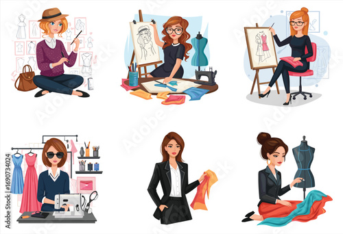 Fashion designer woman sketching clothes, sewing fabric, dressmaking illustration, creative design character, tailoring workshop concept artwork