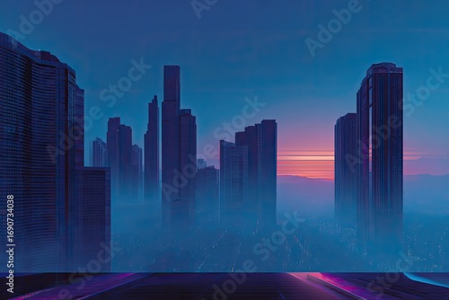 City skyline at dawn, hazy ambiance