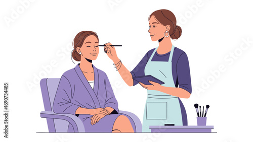 Professional makeup artist applying cosmetic foundation to a seated woman in a beauty salon or spa setting