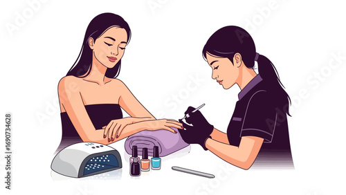 Skilled manicurist meticulously applying gel polish to a client s fingernails using a professional uv lamp and nail care tools in a salon setting