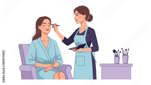 Professional makeup artist applying eyeshadow to a client sitting in a chair in a beauty salon or spa setting