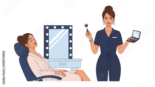 Professional makeup artist applying cosmetics to a client sitting in a chair with a vanity mirror and lights