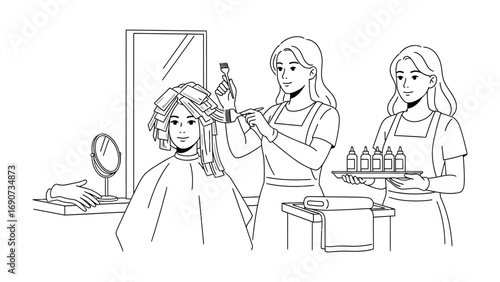 Stylist carefully applies hairspray to a client s styled hair while another person watches in a salon setting with mirrors and beauty products