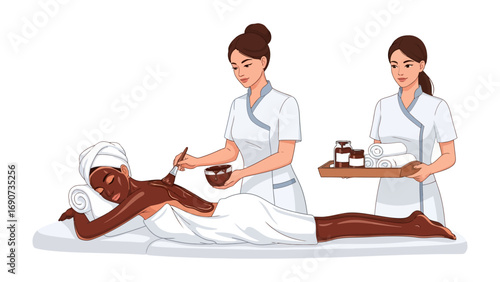 Two professional spa therapists in white uniforms providing a relaxing facial treatment and massage to a client lying on a bed