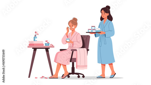 Young woman in a pink bathrobe applying makeup at a vanity table while a friend in a blue robe offers a tray of beauty products