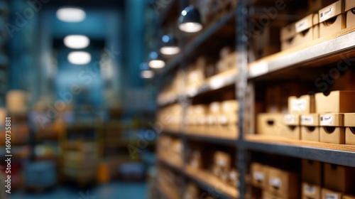 Wallpaper Mural A narrow aisle in an organized warehouse with rows of shelves filled with cardboard boxes, soft focus on foreground, Torontodigital.ca