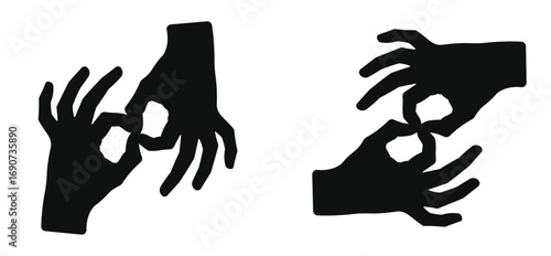 Set of vector silhouettes of hands showing sign language symbol, hand gesture communication icon for education, awareness, accessibility, minimal black illustration