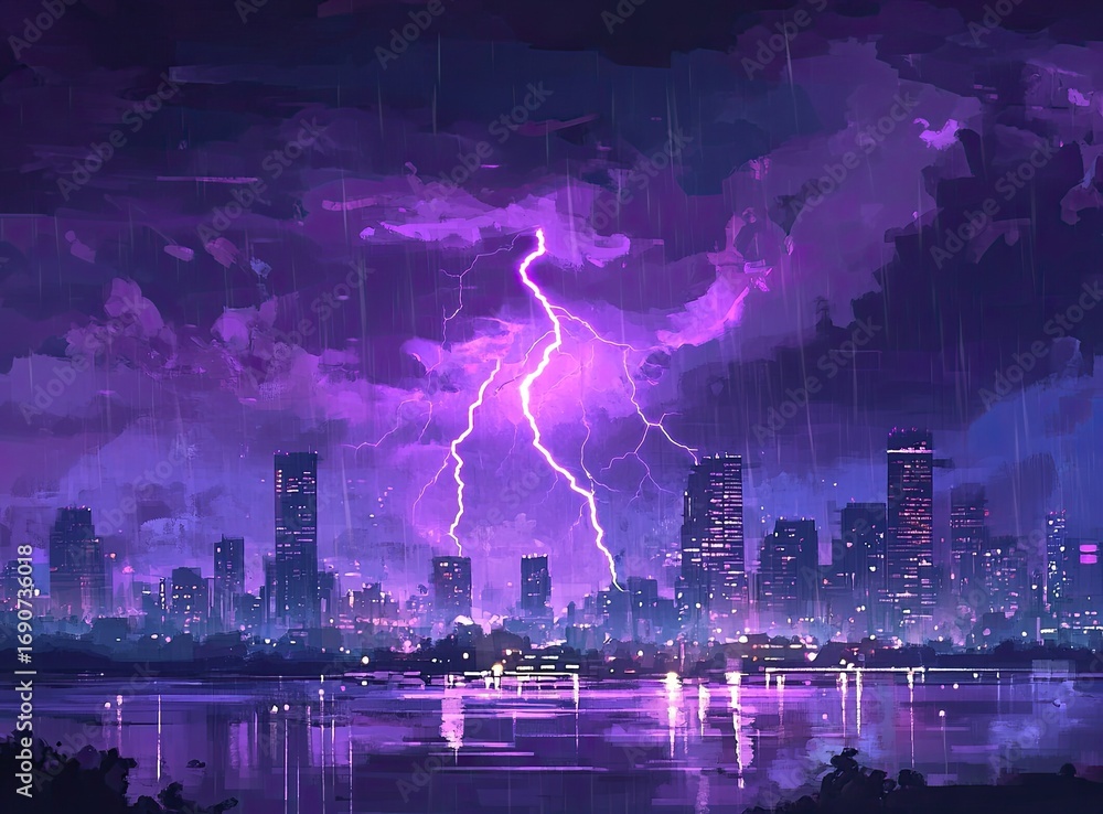 Fototapeta premium Purple lightning storm over a city at night, reflected in the water.