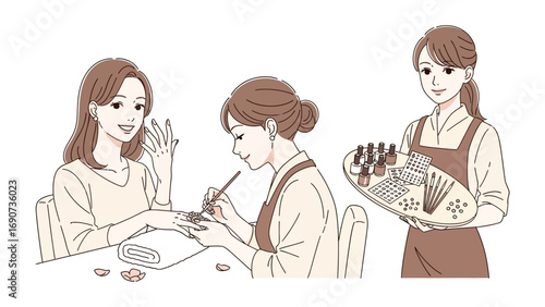 Illustration of a woman receiving a manicure from a nail technician while another woman holds a palette of nail polish colors