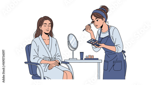 Professional makeup artist applying cosmetics to a woman sitting in a chair with a mirror and beauty products on a table