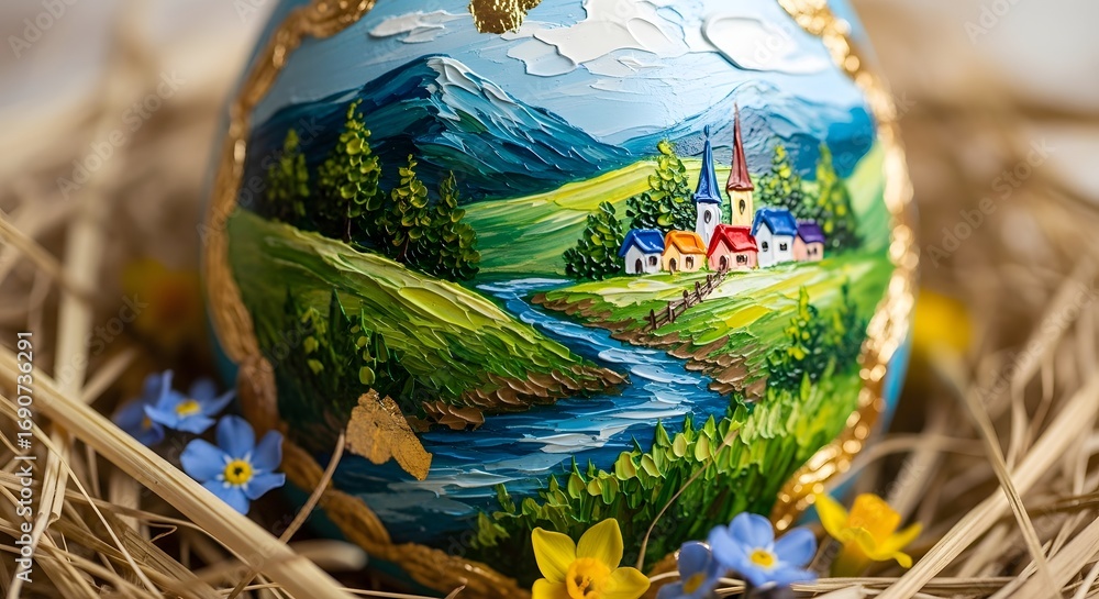 Fototapeta premium Painted Easter Egg with Village Scene