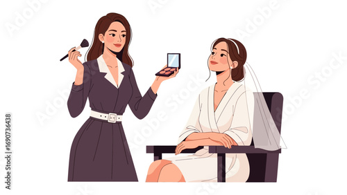 Professional makeup artist applying cosmetics to a bride preparing for her wedding day in a salon setting