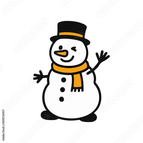 Flat outline duotone illustration of a smiling snowman in hat and scarf winking and waving. Winter holiday character for Christmas and New Year celebration isolated on white background.