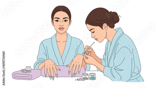 A woman receiving a professional manicure from a nail technician applying polish to her fingernails in a salon setting with soft lighting