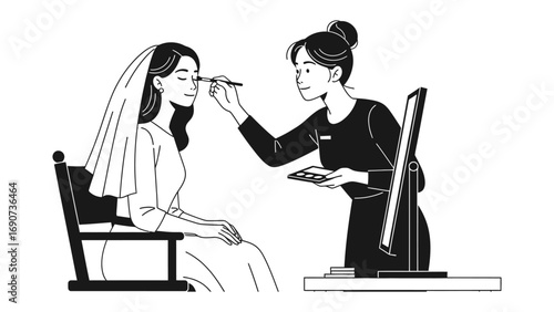 Bride receiving professional makeup application from a makeup artist before wedding ceremony in a bright studio setting