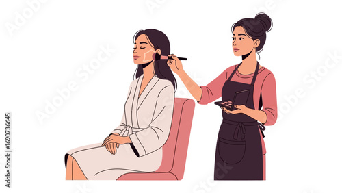 Young woman applying makeup to another woman sitting in a chair with her eyes closed in a salon setting