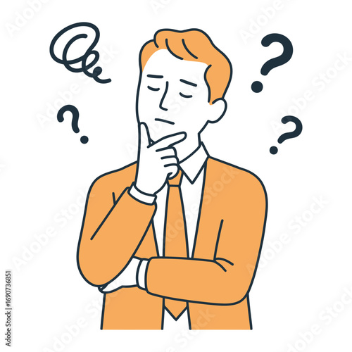 A thoughtful man is pondering with his hand on his chin, he is wearing a shirt and tie and has an expression of contemplation