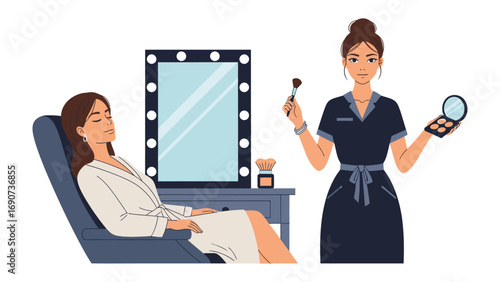 Professional makeup artist applying cosmetics to a relaxed woman sitting in a chair in a beauty salon with a lighted mirror