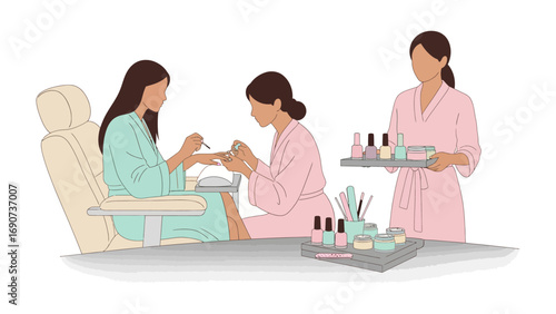 Woman receiving a manicure in a spa setting with a nail technician and a tray of beauty products and tools