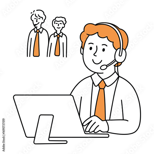 A customer service representative is working on a computer with a headset on, he is helping customers with their problems