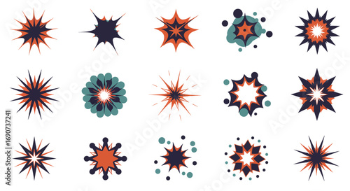 A diverse set of fifteen abstract starburst, flash, and explosion icons with a retro color palette.