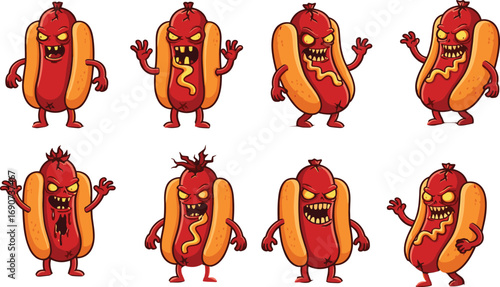 Scary evil zombie hotdog characters with angry expressions, Halloween spooky cartoon food monsters, horror hotdog mascots, animated creepy food illustrations