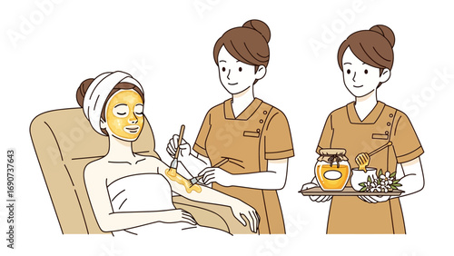 Two attentive spa therapists in uniform carefully apply a facial mask to a relaxed woman lying in a reclining chair one holding a tool and the other presenting products