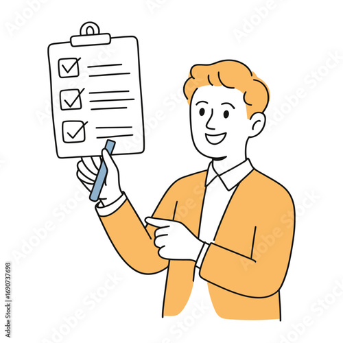 A businessman with a clipboard and checklist points to the completed tasks, he looks happy and satisfied with the progress