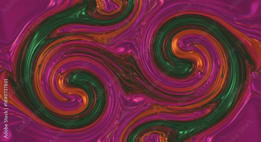 Fototapeta premium Abstract swirls of green orange and magenta create a fluid marblelike effect