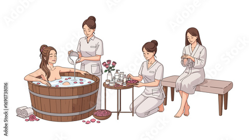 Serene spa scene with women receiving traditional treatments including a herbal bath massage and relaxation in a tranquil wellness setting