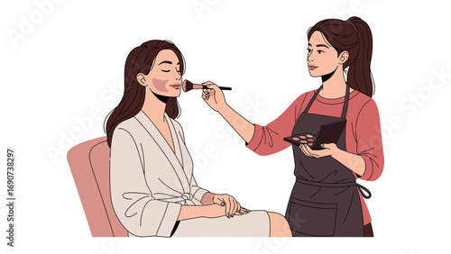 Professional makeup artist applying blush to a client s face with a brush in a beauty salon setting