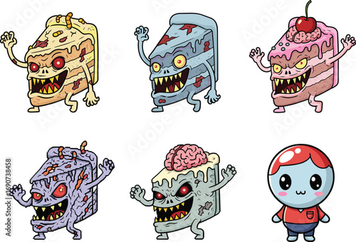 Scary zombie cake characters with creepy eyes and sharp teeth, Halloween-themed animated dessert monsters with brains and worms, spooky cartoon food art