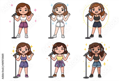 Cute female singer cartoon illustration, girl performing with microphone, pop star clipart, music performance artwork, karaoke character design