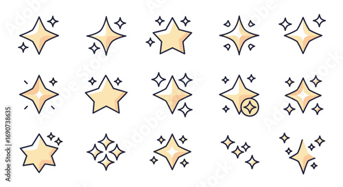 A collection of yellow star and sparkle icons, featuring various designs for glitter, twinkle, and shine effects.