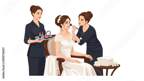 Bride receiving professional makeup application from two skilled makeup artists preparing for her wedding day ceremony and celebration