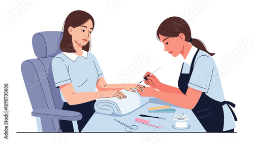 Professional manicurist carefully applying nail polish to a client s fingernails while seated in a comfortable salon chair during a beauty treatment session