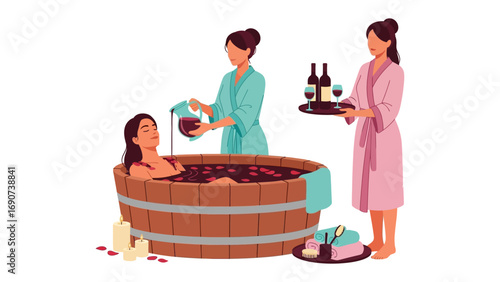 Woman relaxing in a wooden hot tub with attendants offering wine and spa treatments for ultimate relaxation and rejuvenation