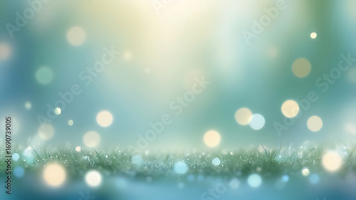 Abstract ethereal background with sparkling light orbs and shimmering translucent geometric crystals