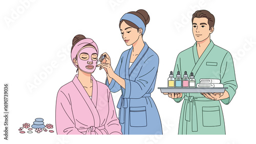 A woman receives a facial treatment with a mask and serum application by a beautician while a male assistant holds a tray of beauty products