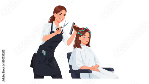 Skilled hairstylist carefully cutting and styling a client s long brown hair with scissors and comb in a salon