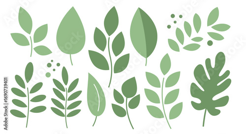 A collection of various green leaves and branches in a flat, minimalist vector style, isolated on a white background.