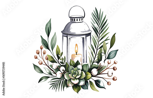 Lantern decorated with lush green leaves and succulents, creating a natural ambiance