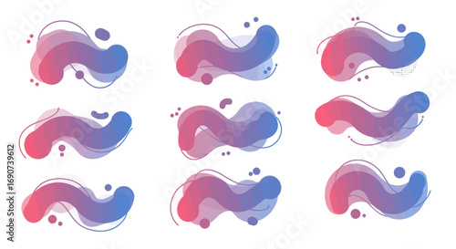 Set of nine modern abstract liquid shapes with vibrant red, purple, and blue color gradients, isolated on a white background.