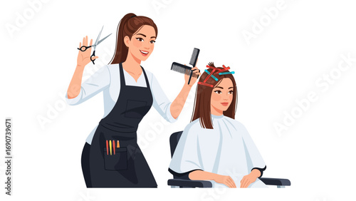 Young woman hairdresser with scissors and comb styling a client s hair in a salon with a white background