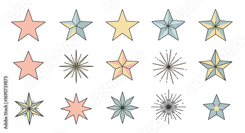 A diverse collection of fifteen star icons and starburst symbols in pastel colors with black outlines.