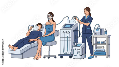 Professional aesthetician performing advanced skin rejuvenation treatment on a seated client with modern beauty equipment in a clean clinic setting