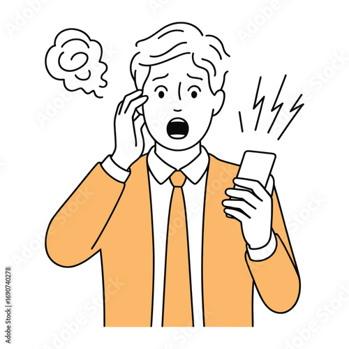 A worried businessman is looking at his phone with a shocked expression, he seems to be receiving bad news or experiencing a problem