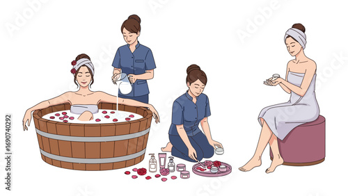 Elegant women in a serene spa setting enjoying a relaxing bath and beauty treatments with rose petals and skincare products