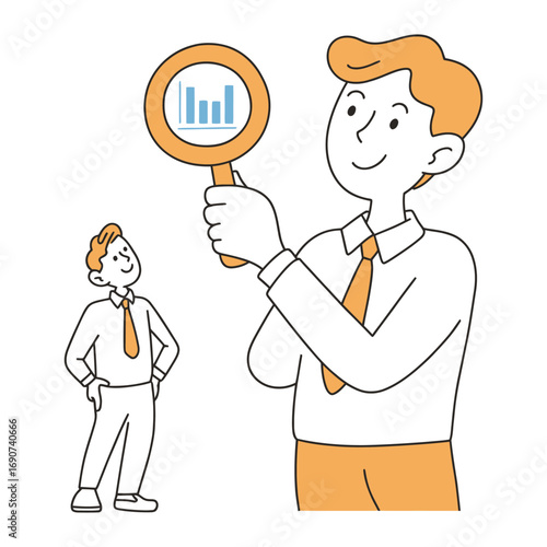 Businessman examining data with a magnifying glass, he is looking at a smaller version of himself with a graph