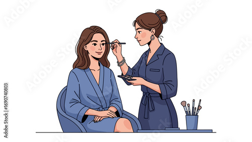 Young woman getting her makeup applied by a professional makeup artist in a spa or salon setting